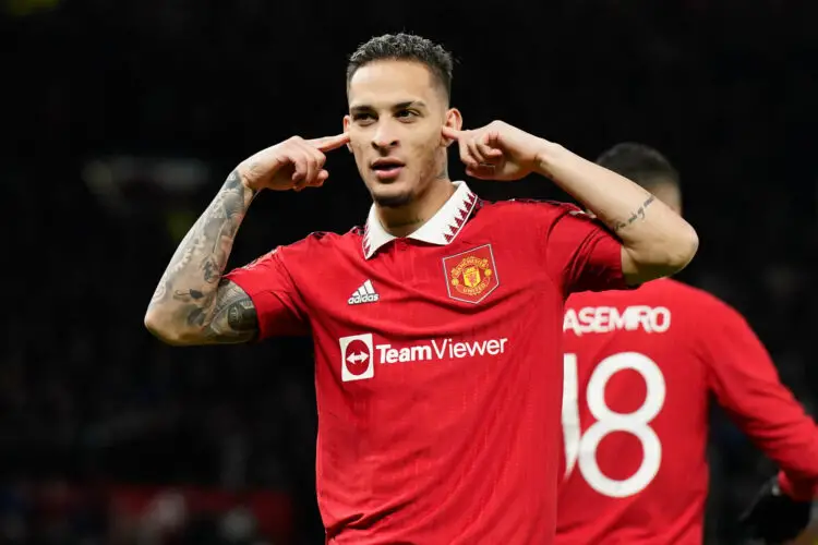 Manchester, England, 6th January 2023. Antony of Manchester United celebrates scoring the first goal during the The FA Cup match at Old Trafford, Manchester. Picture credit should read: Andrew Yates / Sportimage - Photo by Icon sport