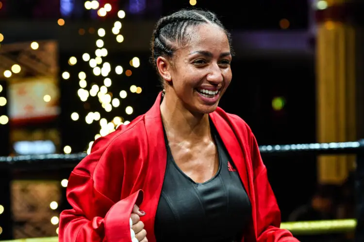 Estelle Mossely of France celebrates her victory over Anisha Basheel of Malawi during an IBO world championship fight at Salle Wagram on February 17, 2023 in Paris, France. (Photo by Baptiste Fernandez/Icon Sport)