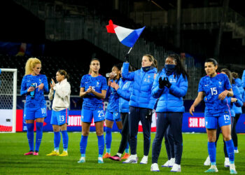 France celebrates during the Women Tournament of France match between France and Uruguay at Stade Raymond Kopa on February 18, 2023 in Angers, France. (Photo by Hugo Pfeiffer/Icon Sport)