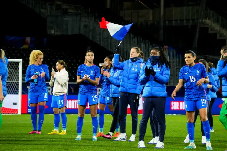 France celebrates during the Women Tournament of France match between France and Uruguay at Stade Raymond Kopa on February 18, 2023 in Angers, France. (Photo by Hugo Pfeiffer/Icon Sport)