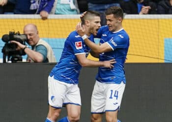 18 March 2023, Baden-Württemberg, Sinsheim: Soccer: Bundesliga, TSG 1899 Hoffenheim - Hertha BSC, Matchday 25, PreZero Arena. Hoffenheim's Andrej Kramaric (l) celebrates with teammate Christoph Baumgartner after scoring the 2:0 from the penalty spot. Photo: Uwe Anspach/dpa - IMPORTANT NOTE: In accordance with the requirements of the DFL Deutsche Fußball Liga and the DFB Deutscher Fußball-Bund, it is prohibited to use or have used photographs taken in the stadium and/or of the match in the form of sequence pictures and/or video-like photo series. - Photo by Icon sport