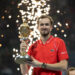DOHA, QATAR - FEBRUARY 25: Daniil Medvedev of Russia celebrates on the podium with his trophy after winning his final match against Andy Murray of Great Britain in day six of Qatar ExxonMobil Open at Khalifa International Tennis and Squash Complex on February 25, 2023 in Doha, Qatar. (Photo by Tnani Badreddine/DeFodi Images) - Photo by Icon sport
