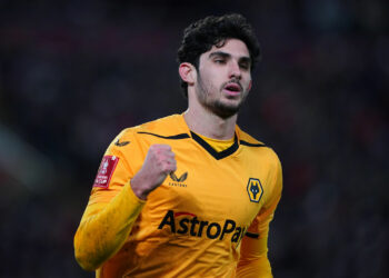 Wolverhampton Wanderers' Manuel Goncalo Guedes celebrates scoring their side's first goal of the game during the Emirates FA Cup third round match at the Anfield, Liverpool. Picture date: Saturday January 7, 2023. - Photo by Icon sport