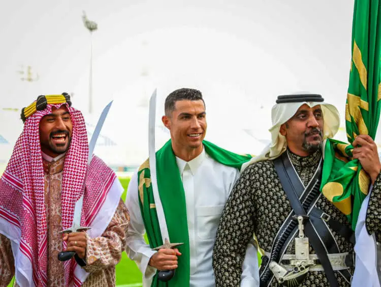 Portuguese football star Cristiano Ronaldo wearing Saudi traditional dress and dancing with a sword as his new club AlNassr Football Club celebrates the ‘Founding Day’, a holiday that highlights Saudi traditions and roots, in Riyadh, Kingdom of Saudi Arabia, on February 22, 2023 Photo by AlNassr Club via Balkis Press/ABACAPRESS.COM - Photo by Icon sport