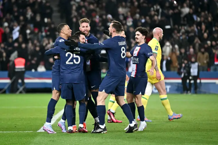 07 Kylian MBAPPE (psg) - 30 Lionel Leo MESSI (psg) - 04 Sergio RAMOS (psg) - 17 VITINHA (psg) during the Ligue 1 Uber Eats match between Paris Saint Germain and Nantes at Parc des Princes on March 4, 2023 in Paris, France. (Photo by Anthony Bibard/FEP/Icon Sport)