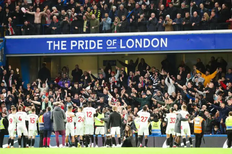 18th February 2023; Stamford Bridge, Chelsea, London, England: Premier League Football, Chelsea versus Southampton; Southampton players thank and celebrate with the away fans. - Photo by Icon sport