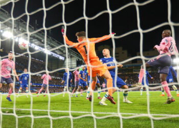 18th March 2023; Stamford Bridge, Chelsea, London, England: Premier League Football, Chelsea versus Everton; Abdoulaye Doucoure of Everton scores from a header in the 67th minute for 1-1. - Photo by Icon sport