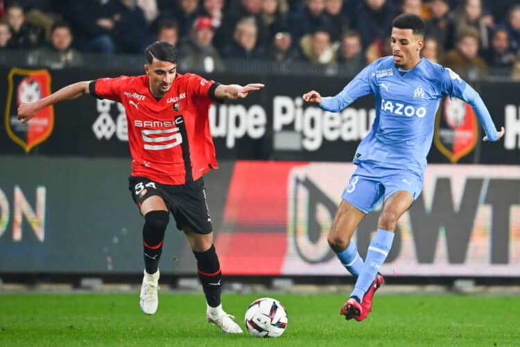 Ibrahim SALAH of Stade Rennais and Azzedine OUNAHI of Marseille during the Ligue 1 Uber Eats match between Rennes and Marseille at Roazhon Park on March 5, 2023 in Rennes, France. (Photo by Anthony Dibon/Icon Sport)