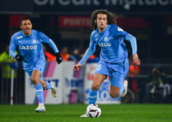 Matteo GUENDOUZI of Marseille and Alexis SANCHEZ of Marseille during the Ligue 1 Uber Eats match between Rennes and Marseille at Roazhon Park on March 5, 2023 in Rennes, France. (Photo by Anthony Dibon/Icon Sport)