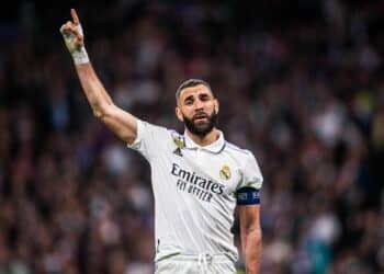 Santiago Bernabeu Stadium,  Madrid, Spain, Champions League football, Real Madrid versus Liverpool FC; Karim Benzema scores the 1-0 for Real Madrid 

Photo by Icon Sport