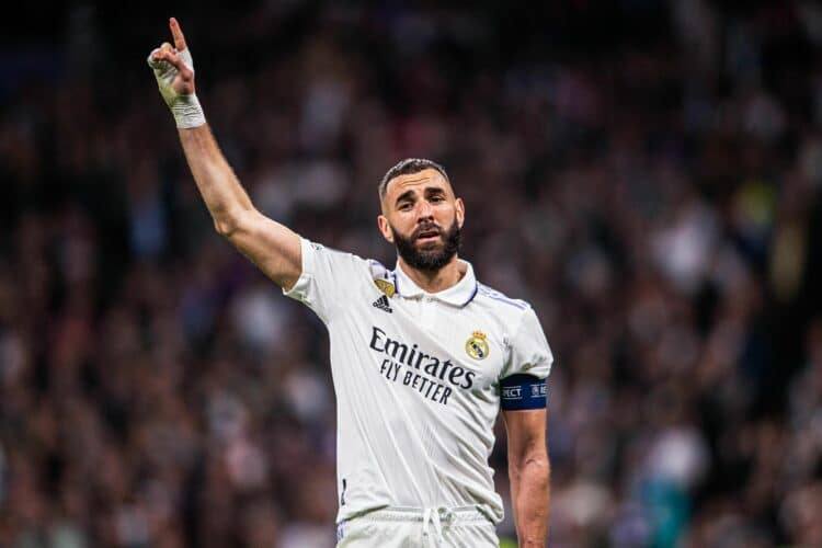 Santiago Bernabeu Stadium,  Madrid, Spain, Champions League football, Real Madrid versus Liverpool FC; Karim Benzema scores the 1-0 for Real Madrid 

Photo by Icon Sport