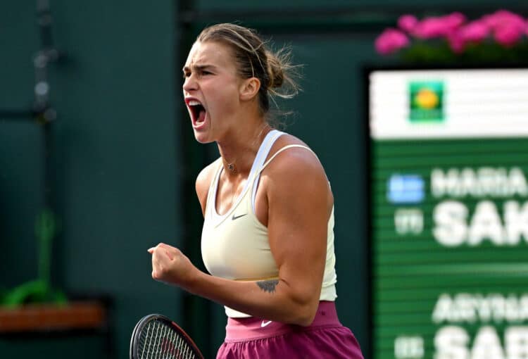 Mar 17, 2023; Indian Wells, CA, USA; Aryna Sabalenka reacts after winning a point as she defeated Maria Sakkari (GRE) in the semi finals of the BNP Paribas Open at the Indian Wells Tennis Garden. Mandatory Credit: Jayne Kamin-Oncea-USA TODAY Sports/Sipa USA - Photo by Icon sport
