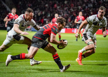 Antoine DUPONT of Stade Toulousain scores a try during the Top 14 match between Toulouse and Lyon on April 16, 2023 in Toulouse, France. (Photo by Pierre Costabadie/Icon Sport)