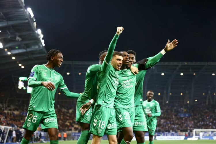 26 Lamine FOMBA (asse) - 18 Mathieu CAFARO (asse) - 27 Niels NKOUNKOU (asse) during the Ligue 2 BKT match between Grenoble and Saint-Etienne at Stade des Alpes on April 17, 2023 in Grenoble, France. (Photo by Alex Martin/FEP/Icon Sport)
