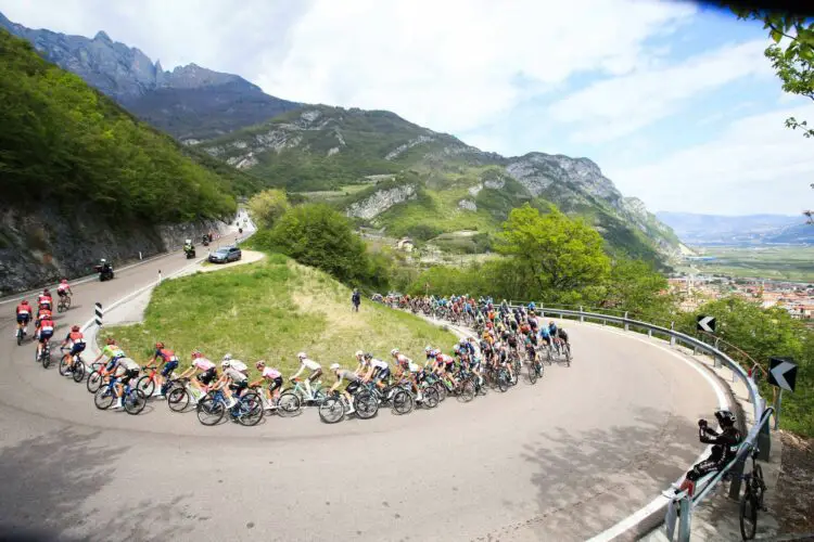 19th April 2023, Brentonico San Valentino, Italy; UCI Tour of the Alps Road Cycling Race, Third Stage from Ritten to Brentonico San Valentino ; The peloton leaving Andalo uphill - Photo by Icon sport