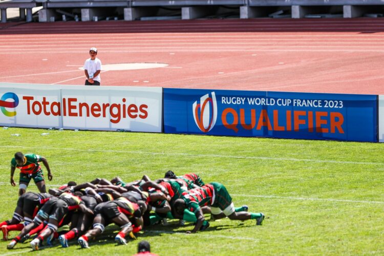 Illustration Scrum with the Logo Rugby World Cup France 2023 Qualifier during the Rugby Africa Cup 2022 match between Republic of Uganda and Senegal at Stade Delort on July 6, 2022 in Marseille, France. (Photo by Johnny Fidelin/Icon Sport)