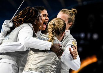 Ysaora THIBUS, Solene BUTRUILLE, Anita BLAZE and Pauline RANVIER of France during their women's Foil Individual match at the 2022 Fencing World Championships in Cairo, Egypt, July 22, 2022
Photo by Augusto Bizzi / Icon Sport
