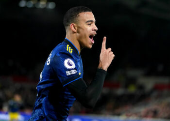 Manchester United's Mason Greenwood celebrates scoring the second goal of the game during the Premier League match at the Brentford Community Stadium, London. Picture date: Wednesday January 19, 2022. - Photo by Icon sport