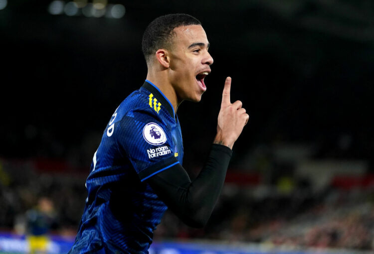 Manchester United's Mason Greenwood celebrates scoring the second goal of the game during the Premier League match at the Brentford Community Stadium, London. Picture date: Wednesday January 19, 2022. - Photo by Icon sport
