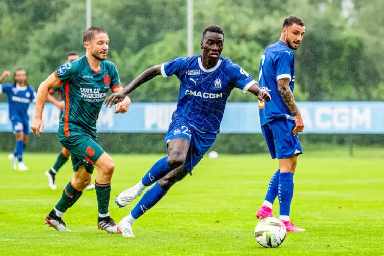 MARIENFELD, Germany, 27-07-2023, football, , Dutch eredivisie, season 2023 / 2024, during the match RKC - Olympique Marseille, RKC player Aaron Meijers, Olympique Marseille player Papa Gueye - Photo by Icon sport during the friendly match between RKC Waalwijk and Olympique de Marseille on July 27, 2023 in Marienfeld, Germany. (Photo by ProShots/Icon Sport)
