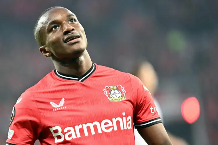 18 May 2023, North Rhine-Westphalia, Leverkusen: Soccer: Europa League, Bayer Leverkusen - AS Roma, knockout round, semifinals, second legs, at BayArena. Leverkusen's Moussa Diaby after a missed chance. Photo: Federico Gambarini/dpa - Photo by Icon sport