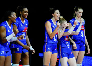 Team of France during the FIVB Challenger Cup match France and Vietnam on July 27, 2023 in Laval, France. (Photo by Emma Da Silva/Icon Sport)
