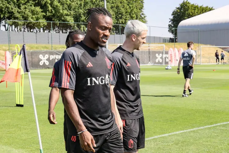 Belgium's Michy Batshuayi pictured at the start of a training session of Belgian national soccer team Red Devils, Wednesday 14 June 2023, at the Royal Belgian Football Association RBFA's headquarters in Tubize, in preparation of the matches against Austria and Estonia later this month. BELGA PHOTO BRUNO FAHY - Photo by Icon sport