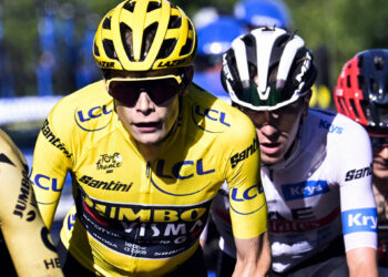 Slovenian Tadej Pogacar of UAE Team Emirates and Danish Jonas Vingegaard of Jumbo-Visma pictured in action during stage 9 of the Tour de France cycling race, a 182,4 km race from Saint-Leonard-de-Noblat to Puy de Dome, France, Sunday 09 July 2023. This year's Tour de France takes place from 01 to 23 July 2023. BELGA PHOTO POOL BERNARD PAPON - Photo by Icon sport