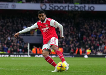 Arsenal's Reiss Nelson scores his sides third goal during the Premier League match at the Emirates Stadium, London. Picture date: Saturday March 4, 2023. - Photo by Icon sport