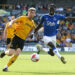 Wolverhampton Wanderers' Nathan Collins (left) and Everton's Amadou Onana battle for the ball during the Premier League match at the Molineux Stadium, Wolverhampton. Picture date: Saturday May 20, 2023. - Photo by Icon sport