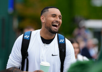 Nick Kyrgios practices at the All England Lawn Tennis and Croquet Club in Wimbledon, ahead of the championships which start on Monday. Picture date: Saturday July 1, 2023. - Photo by Icon sport