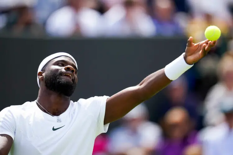 Frances Tiafoe in action against Yibing Wu (not pictured) on day three of the 2023 Wimbledon Championships at the All England Lawn Tennis and Croquet Club in Wimbledon. Picture date: Wednesday July 5, 2023. - Photo by Icon sport