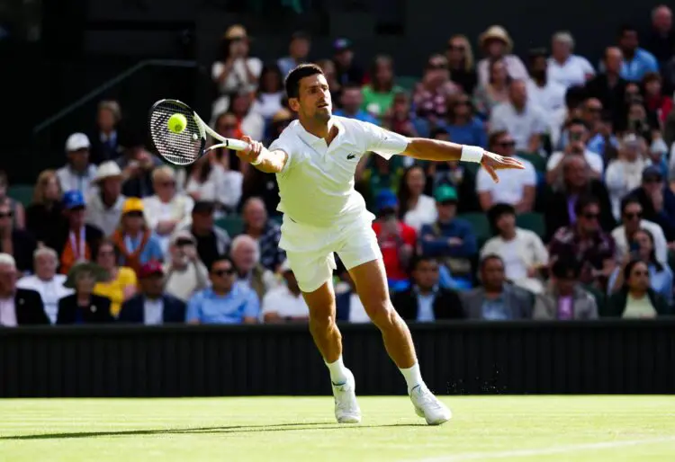 Novak Djokovic in action against Jordan Thompson (not pictured) on day three of the 2023 Wimbledon Championships at the All England Lawn Tennis and Croquet Club in Wimbledon. Picture date: Wednesday July 5, 2023. - Photo by Icon sport