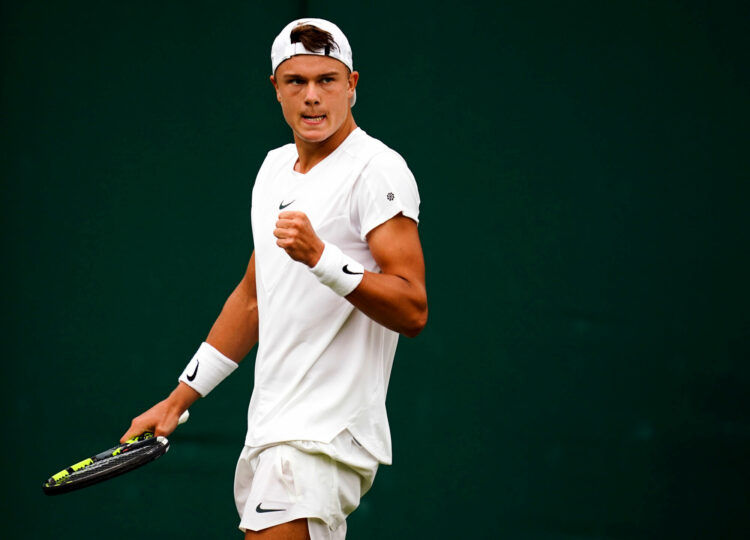 Holger Rune in action against Alejandro Davidovich Fokina (not pictured) on day six of the 2023 Wimbledon Championships at the All England Lawn Tennis and Croquet Club in Wimbledon. Picture date: Saturday July 8, 2023. - Photo by Icon sport