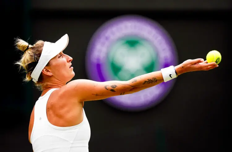 Marketa Vondrousova in action against Jessica Pegula during their ladies quarter final match on day nine of the 2023 Wimbledon Championships at the All England Lawn Tennis and Croquet Club in Wimbledon. Picture date: Tuesday July 11, 2023. - Photo by Icon sport