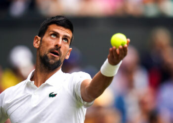 Novak Djokovic in action against Andrey Rublev during their gentlemen's quarter final match on day nine of the 2023 Wimbledon Championships at the All England Lawn Tennis and Croquet Club in Wimbledon. Picture date: Tuesday July 11, 2023. - Photo by Icon sport
