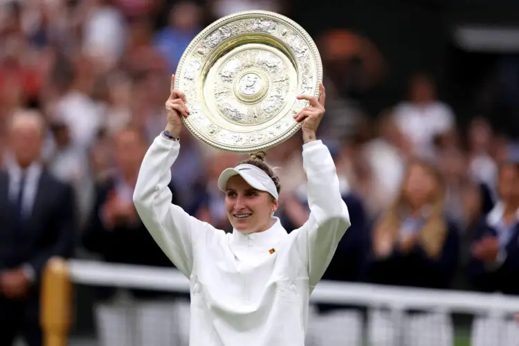 Marketa Vondrousova celebrates with the Venus Rosewater Dish following victory against Ons Jabeur in the Ladies' Singles Final on day thirteen of the 2023 Wimbledon Championships at the All England Lawn Tennis and Croquet Club in Wimbledon. Picture date: Saturday July 15, 2023. - Photo by Icon sport
