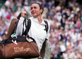 Ons Jabeur appears dejected following defeat in the Ladies' Singles Final to Marketa Vondrousova on day thirteen of the 2023 Wimbledon Championships at the All England Lawn Tennis and Croquet Club in Wimbledon. Picture date: Saturday July 15, 2023. - Photo by Icon sport
