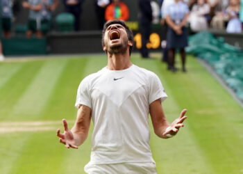 Carlos Alcaraz celebrates victory over Novak Djokovic following the Gentlemen's Singles final on day fourteen of the 2023 Wimbledon Championships at the All England Lawn Tennis and Croquet Club in Wimbledon. Picture date: Sunday July 16, 2023. - Photo by Icon sport