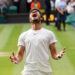Carlos Alcaraz celebrates victory over Novak Djokovic following the Gentlemen's Singles final on day fourteen of the 2023 Wimbledon Championships at the All England Lawn Tennis and Croquet Club in Wimbledon. Picture date: Sunday July 16, 2023. - Photo by Icon sport