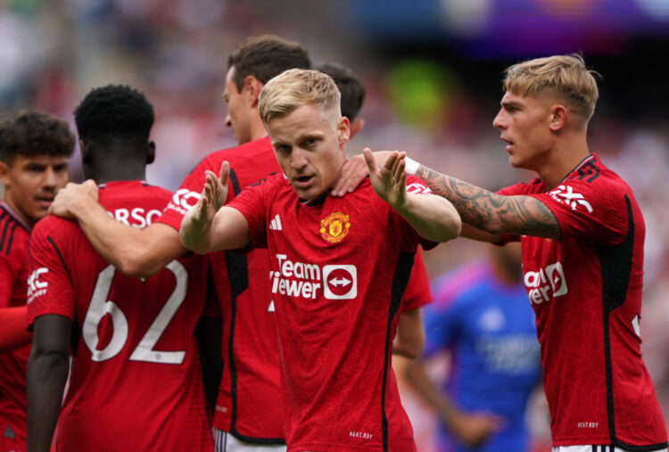 Manchester United's Donny van de Beek celebrates scoring their side's first goal of the game during the pre-season friendly match at Scottish Gas Murrayfield Stadium, Edinburgh. Picture date: Wednesday July 19, 2023. - Photo by Icon sport