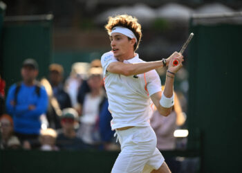 Ugo Humbert (FRA) plays his first round match at the 2023 Wimbledon Championships at the AELTC in London, UK on July 5, 2023. Photo by Corinne Dubreuil/ABACAPRESS.COM - Photo by Icon sport
