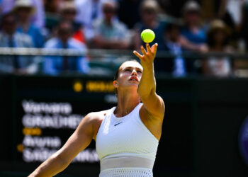 Aryna Sabalenka (RUS) during her second round match at the 2023 Wimbledon Championships at the AELTC in London, UK, on July 7, 2023. Photo by Corinne Dubreuil/ABACAPRESS.COM - Photo by Icon sport