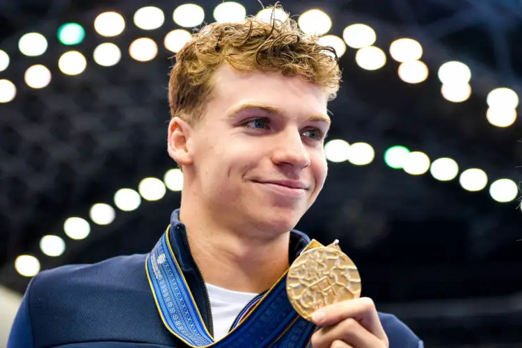 Leon Marchand of France shows the gold medal after competing in the 200m Butterfly Men Final during the 20th World Aquatics Championships at the Marine Messe Hall A in Fukuoka, Japan, on July 26, 2023. Leon Marchand placed first winning the gold medal. Photo by Andrea Masini/ Deepbluemedia / Insidefoto/SPUS/ABACAPRESS.COM - Photo by Icon sport