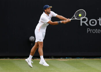1st July 2023; Devonshire Park, Eastbourne, East Sussex, England: Rothesay International Eastbourne, Day 6; Gregoire Barrere (FRA) plays a forehand against Tommy Paul (USA) in the mens semi finals match - Photo by Icon sport