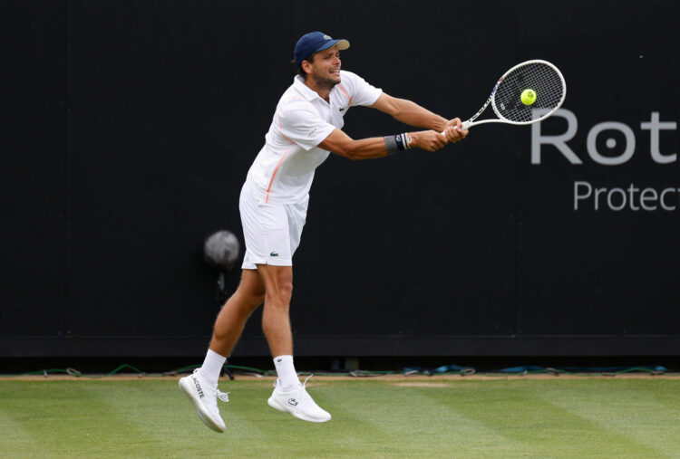 1st July 2023; Devonshire Park, Eastbourne, East Sussex, England: Rothesay International Eastbourne, Day 6; Gregoire Barrere (FRA) plays a forehand against Tommy Paul (USA) in the mens semi finals match - Photo by Icon sport