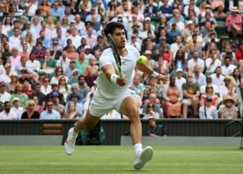 10th July 2023; All England Lawn Tennis and Croquet Club, London, England: Wimbledon Tennis Tournament; Carlos Alcaraz (ESP) with a forehand shot to Matteo Berrettini (ITA) - Photo by Icon sport