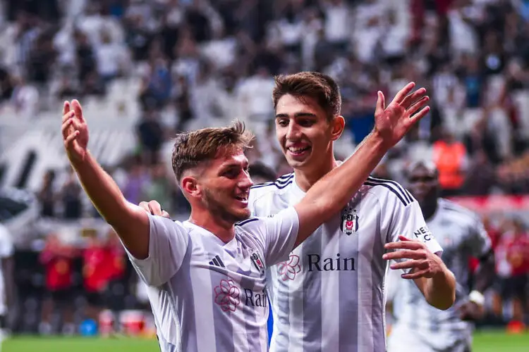 Semih Kilicsoy #90 of Besiktas celebrates after scoring the third goal of his team with Demir Ege Tiknaz #21 during the UEFA Europa Conference League Second Qualifying Round First Leg match between Besiktas and KF Tirana at Besiktas Stadium in Istanbul , Turkey on July 27 , 2023. ( photo by Seskimphoto ) - Photo by Icon sport