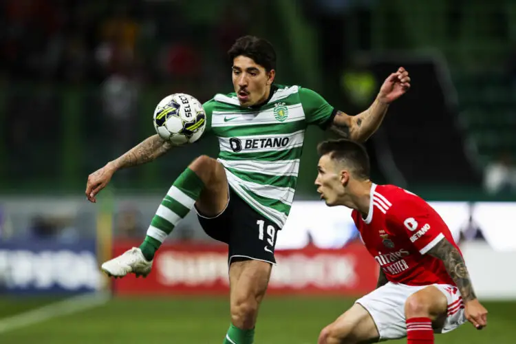 Lisbon, 05/21/2023 - Sporting Clube de Portugal hosted Sport Lisboa e Benfica tonight at Estádio de Alvalade in Lisbon, in a game counting for the 33rd round of the Primeira Liga 2022/23. Bellerin; Grimaldo ( Pedro Rocha / Global Images ) - Photo by Icon sport