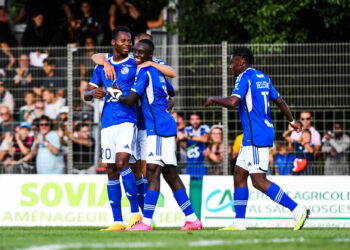 Habib DIALLO of Strasbourg and Habib DIARRA of Strasbourg during the friendly match between RC Strasbourg and SK Sturm Graz on July 26, 2023 in Colmar, France. (Photo by Daniel Derajinski/Icon Sport)